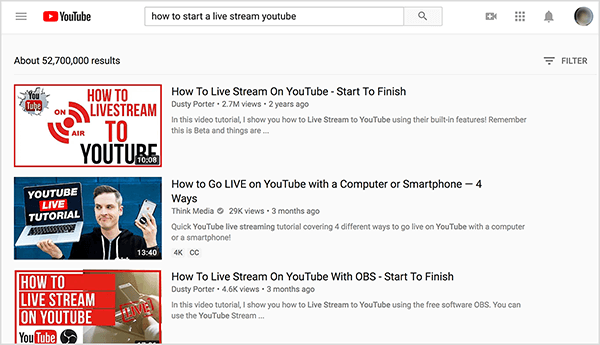 V YouTubu poiščite »kako začeti YouTube s prenosom v živo«, najboljši rezultati iskanja pa prikazujejo dva videoposnetka avtorja Dusty Porter.
