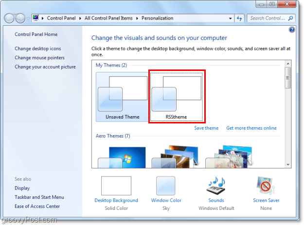 izberite novo temo rss v sistemu Windows 7