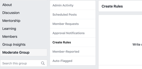Kako izboljšati skupnost skupine Facebook, možnost menija Facebook, da ustvarite pravila za moderiranje skupine
