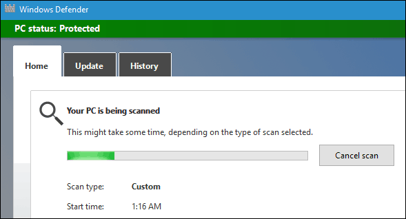 Skeniranje programa Windows Defender