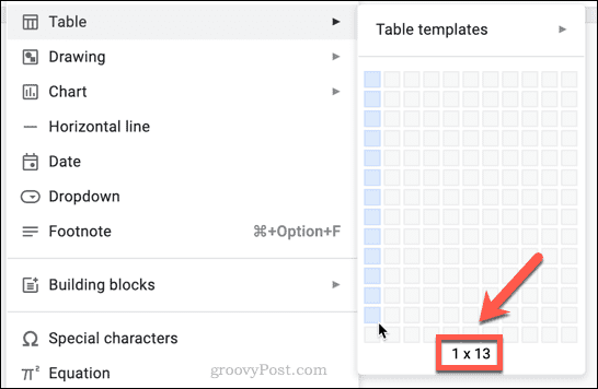 velikost tabele v google dokumentih