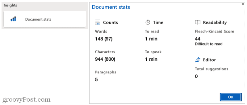 Statistika dokumenta Microsoft Editor