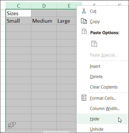 Skrij bližnjico do stolpca v Excelu v sistemu Windows