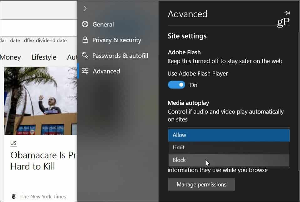 Edge Advanced Settings Samodejno predvajanje medijev