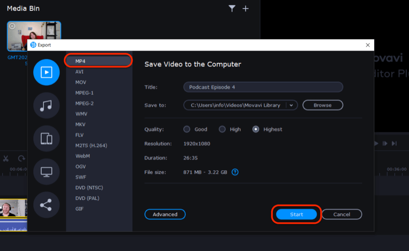 izvozite video datoteko v Movavi Video Editor Plus