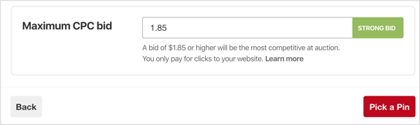 Za svojo oglaševalsko akcijo Pinterest nastavite najvišjo ponudbo za CNK (ceno na klik).