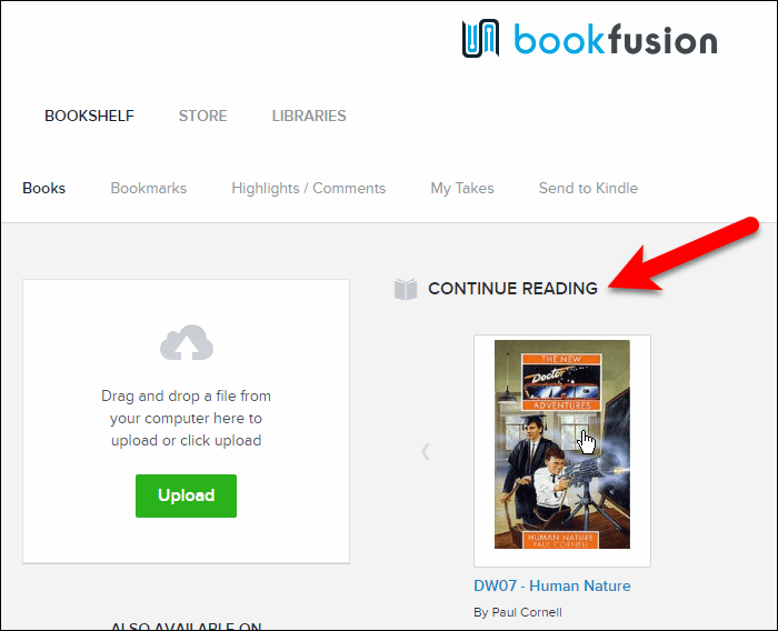 Razdelek Nadaljuj branje v knjižnici BookFusion