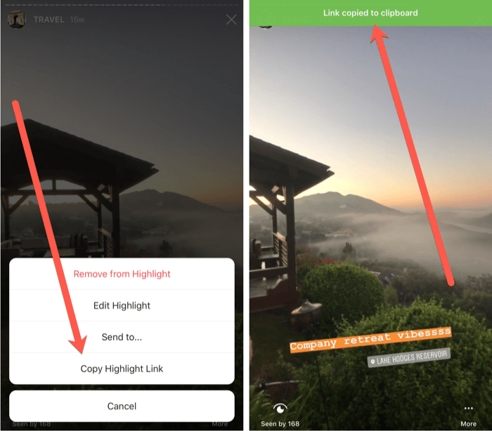 koraki za kopiranje poudarjene povezave za Instagram Stories