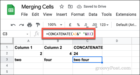 Primer formule CONCATENATE v Google Preglednicah z uporabo praznih besedilnih nizov