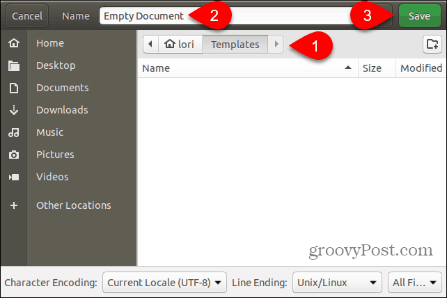 Datoteko predloge praznega dokumenta shranite v mapo Predloge v Ubuntu