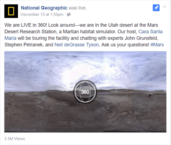 Facebook je ta teden objavil video Live 360 ​​s poročilom National Geographic iz raziskovalne postaje Mars Desert Research Station v Utahu.