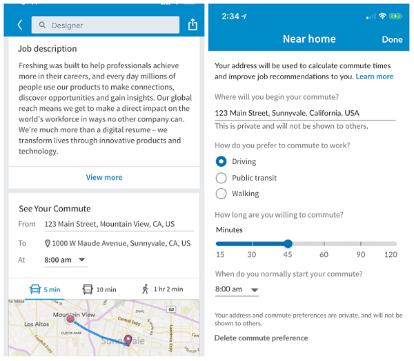 Člani LinkedIna si lahko zdaj ogledajo predvideni čas vožnje na delo v običajnem delovnem dnevu od trenutne lokacije svoje naprave do delovnih mest, objavljenih na LinkedInu.