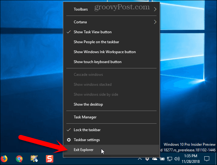 V kontekstnem meniju opravilne vrstice v sistemu Windows 10 izberite Exit Explorer
