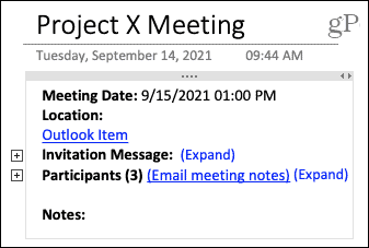 Podrobnosti o sestanku v OneNote za Mac