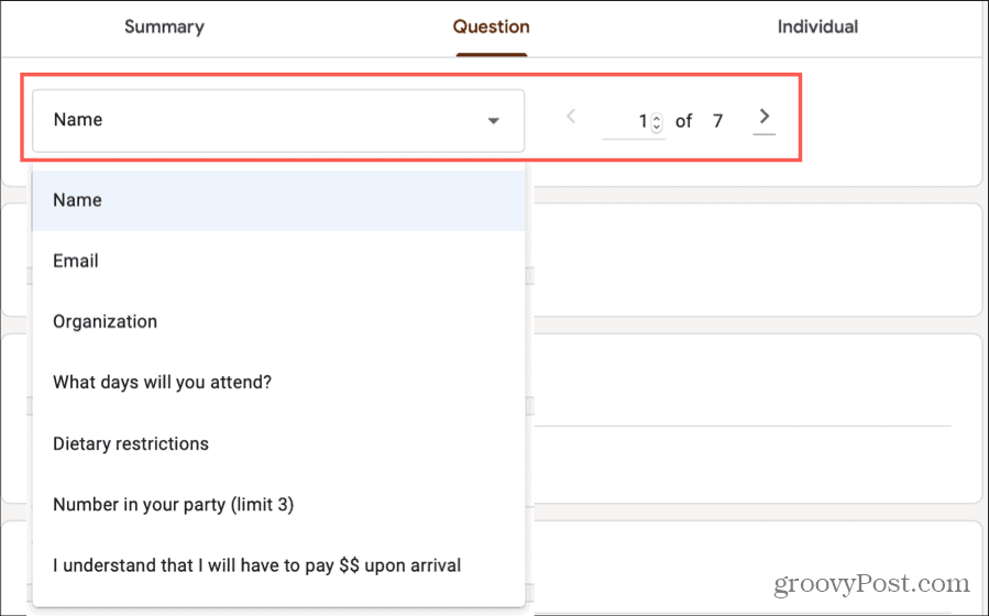 Google Forms Responses Izberite vprašanje