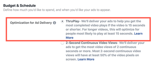 Facebook ThruPlay Optimization za video oglase, 2. korak.