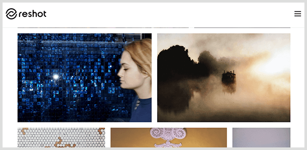 Reshot je stran s fotografijami s kuriranimi slikami. Posnetek zaslona fototeke na spletnem mestu Reshot vključuje profil bele ženske z belimi lasmi pred mavrično modro ploščico in megleno pokrajino z obrisanimi drevesi.