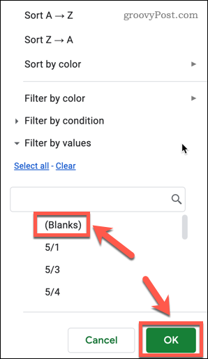 Filtriranje praznih delov v Google Preglednicah