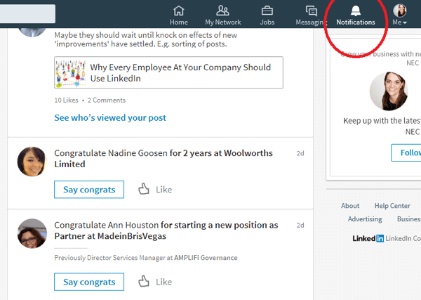 Ko kliknete ikono Obvestila, LinkedIn prikaže povezave, ki so pred kratkim imele posebno priložnost.