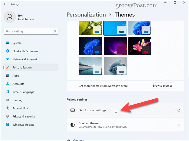 Kliknite Nastavitve ikone namizja na zaslonu Personalizacija v nastavitvah