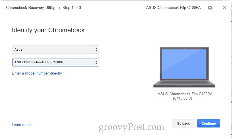 chromebook pripomoček za obnovitev izberite model