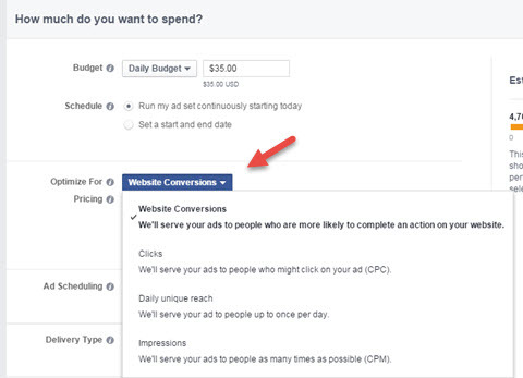 izbor optimizacije pretvorbe oglasov na facebooku