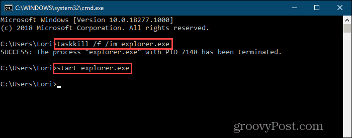 Ukinite postopek explor.exe in ga znova zaženite v ukazni vrstici v sistemu Windows 10