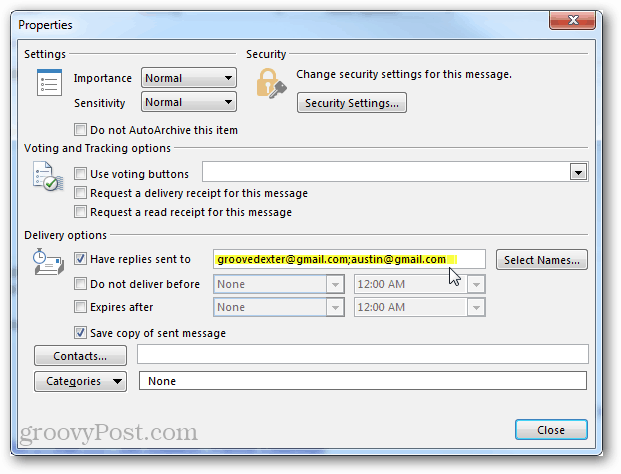 lastnosti e-poštnega odgovora v Outlooku