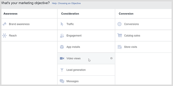 Facebook Ads Manager ima cilj ogleda videoposnetkov, ki spodbuja Facebook, da cilja na ljudi, ki gledajo videoposnetke.