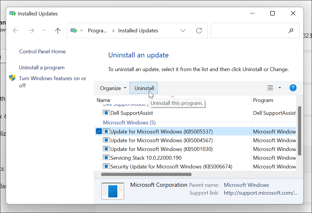 odstranite kumulativno posodobitev za Windows 11