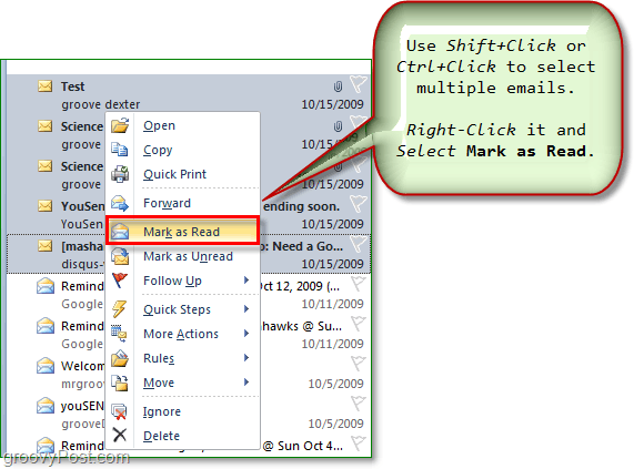 izberite več e-poštnih sporočil in označite več e-poštnih sporočil kot prebranih ali neprebranih v Outlook Office 2010