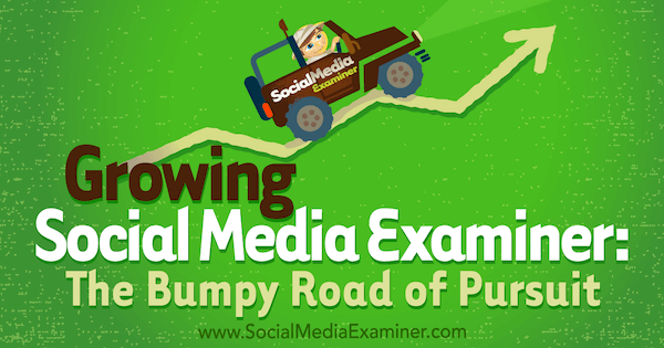 Growing Social Media Examiner: The Bumpy Road of Pursuit, ki vsebuje vpoglede Michaela Stelnerja z intervjujem Marka Masona v Podcastu Social Media Marketing.