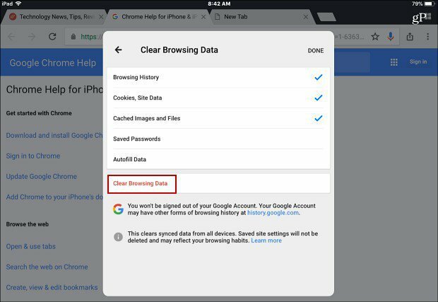 Počisti brskanje s podatki za aplikacijo Chrome iOS