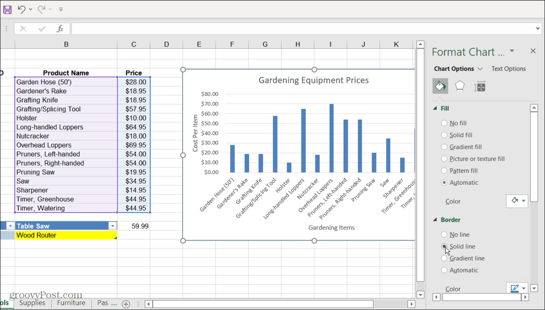  Meni z možnostmi oblikovanja grafikona Excel