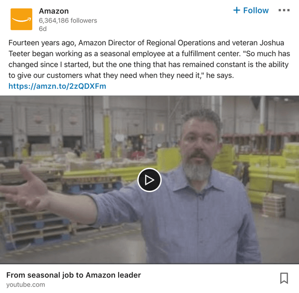 Primer objave video posnetka na strani podjetja Amazon LinkedIn.