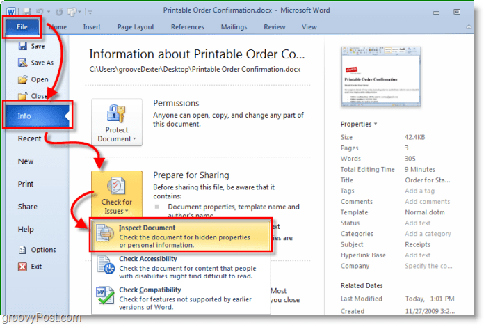 kako dostopati do inšpektorja dokumentov v Microsoftovem uradu 2010