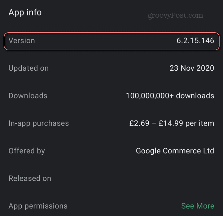 Številka trgovine z različico aplikacije za Android