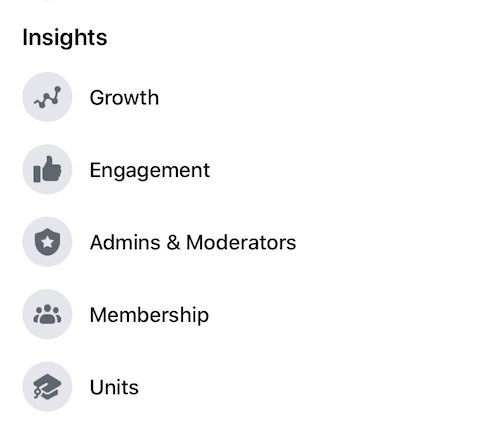 meni facebook insights, ki prikazuje različne možnosti merjenja analitike