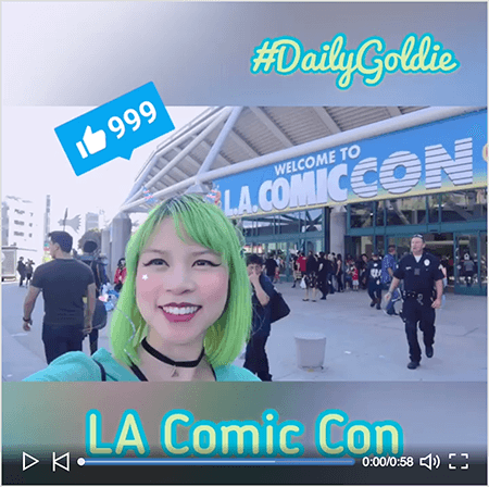To je posnetek zaslona videoposnetka Goldie Chan LinkedIn z začetnim zaslonom. Videoposnetek je bil vodoravno posnet na pametni telefon in se je spremenil v kvadratni video z zamegljenim poštnim nabiranjem nad in pod videoposnetkom. Začetna video slika prikazuje Goldie pred kongresnim centrom za LA Comic Con. Goldie se prikaže od ramen navzgor. Je Azijka z zelenimi lasmi. Oblečena je v ličila, črno ogrlico iz chokerja in turkizno srajco. V območju poštnega predala nad videoposnetkom se #DailyGoldie prikaže v svetlo zeleni pisavi pisave s turkiznim obrisom. Ikona LinkedIn Like s številko 999 se prikaže v modrem polju nad Goldiejevo glavo. Na območju poštnega predala pod videoposnetkom se besedilo »LA Comic Con« prikaže v svetlo zeleni pisavi san serif s turkiznim obrisom.