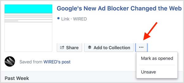 Facebook je oznako shranjenega elementa shranil kot odprto