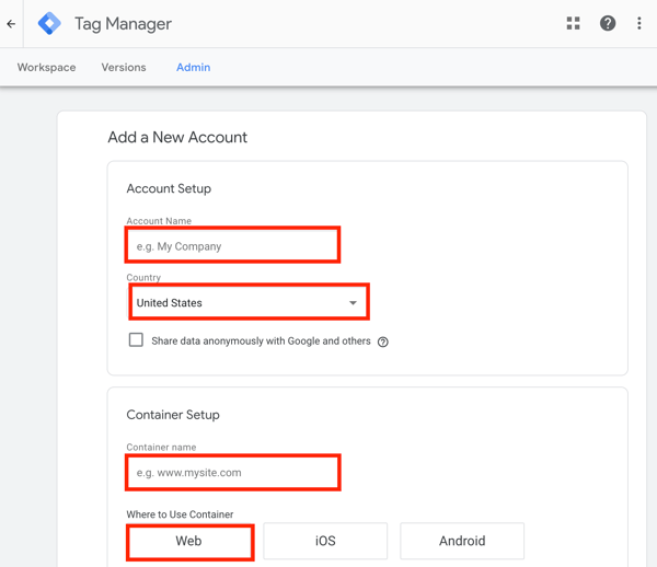 Uporabite Google Tag Manager s Facebookom, korak 1, nastavitev, da dodate nov račun Google Tag Manager