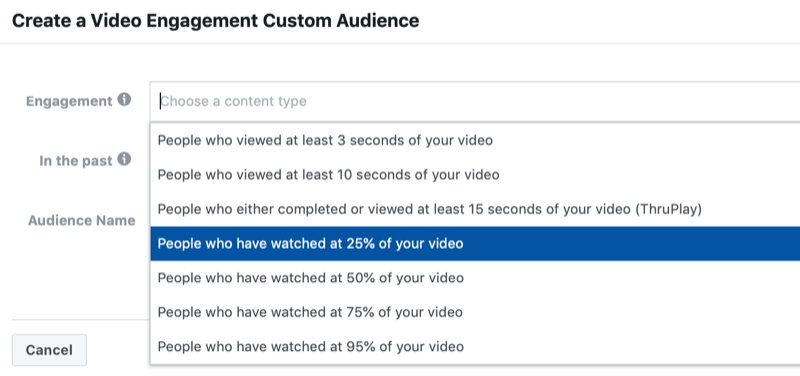 pogovorno okno za ustvarjanje ciljne skupine po meri za video angažma Facebook