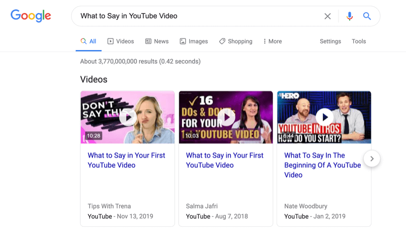 posnetek zaslona iskanja v Googlu, kaj naj povem v videoposnetku na youtubu z zabeleženimi rezultati iskanja videoposnetkov