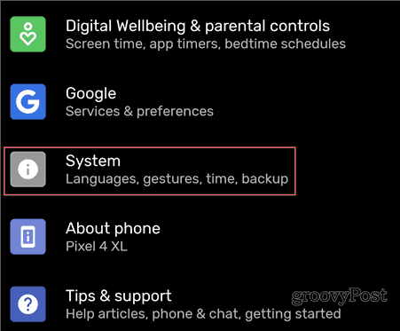 Nastavitve Android Backup
