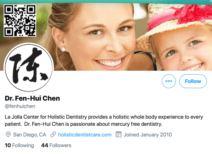 posnetek zaslona twitter profila za @fenhuichen s povezavo do njenega spletnega mesta, kjer so na voljo kontaktni podatki in rezervacija sestankov