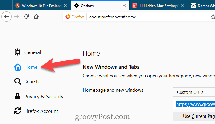 Na strani Nastavitve v Firefoxu kliknite Domov