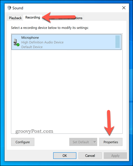 Odprite lastnosti mikrofona v sistemu Windows 10
