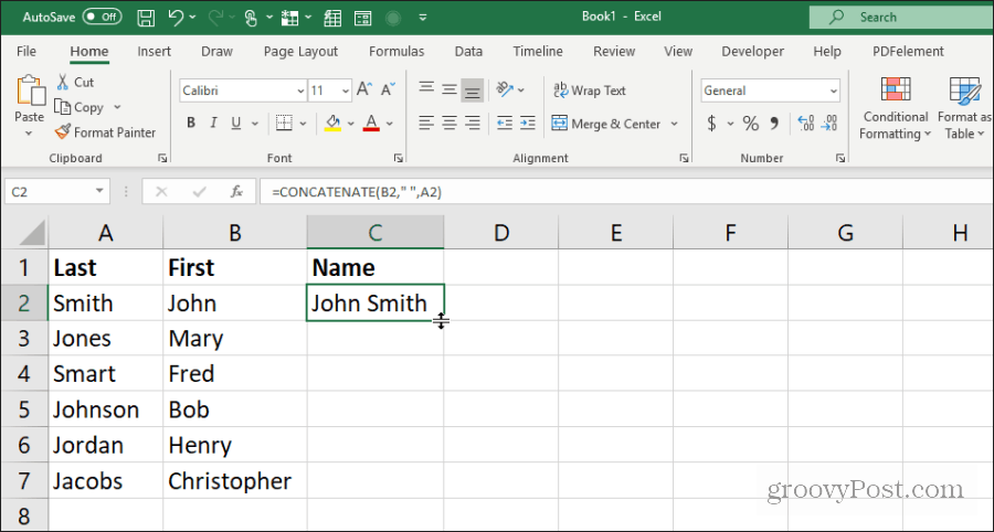 uporaba concatenate za imena v Excelu