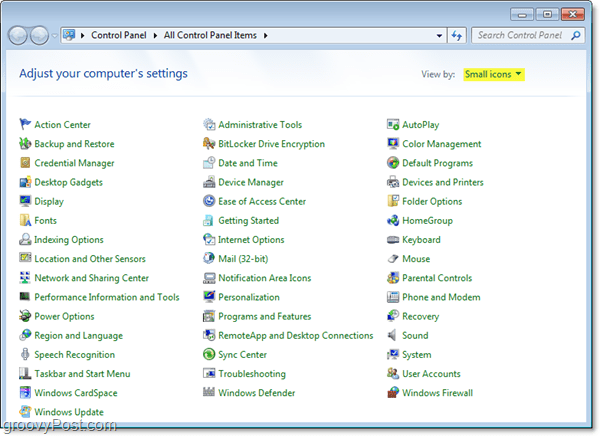 nadzorna plošča Windows 7 samodejno v pogledu majhnih ikon