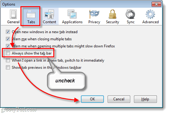 Možnosti Firefox 4 Tabs in Vedno prikažite vrstico z zaviranci